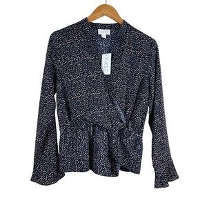 VIXBE Women's Blouse Navy Blue Polka‎ Dot Faux Wrap V Neck Long Sleeves Size S